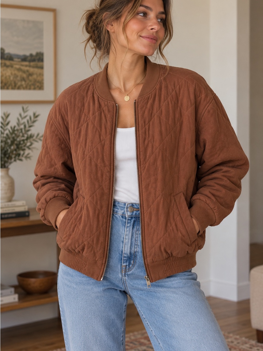 Promesa Brown Quilted Bomber Jacket Women’s Large Rust Boho Lightweight